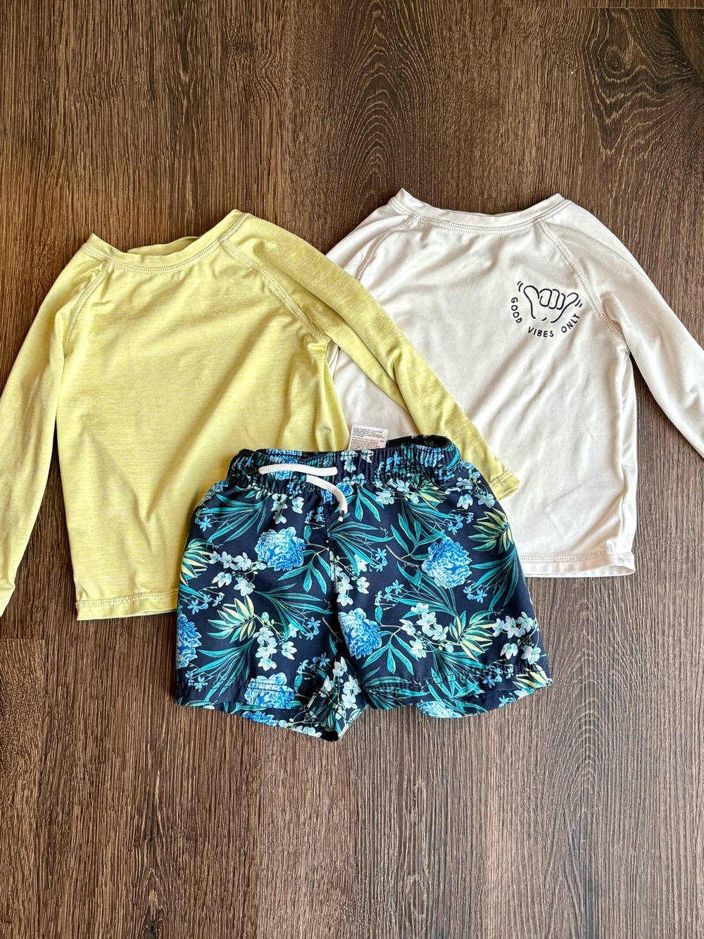 Old Navy Kids Navy Floral Swim Shorts with Yellow and White Rash Shirts